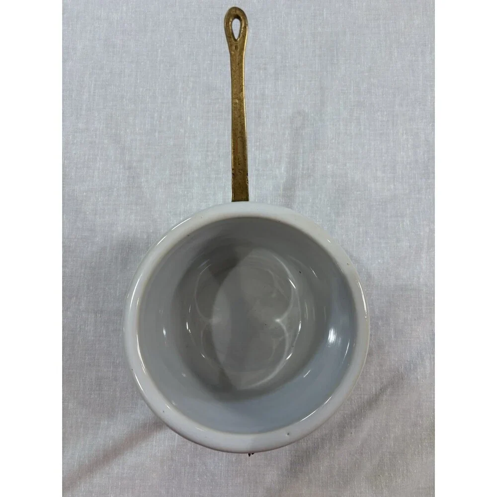 Vintage White Stoneware Double Boiler Pot Insert Copper & Brass Handle 1.5 QT